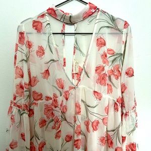 Vestique women’s blouse long sleeve sheer floral long tunic
